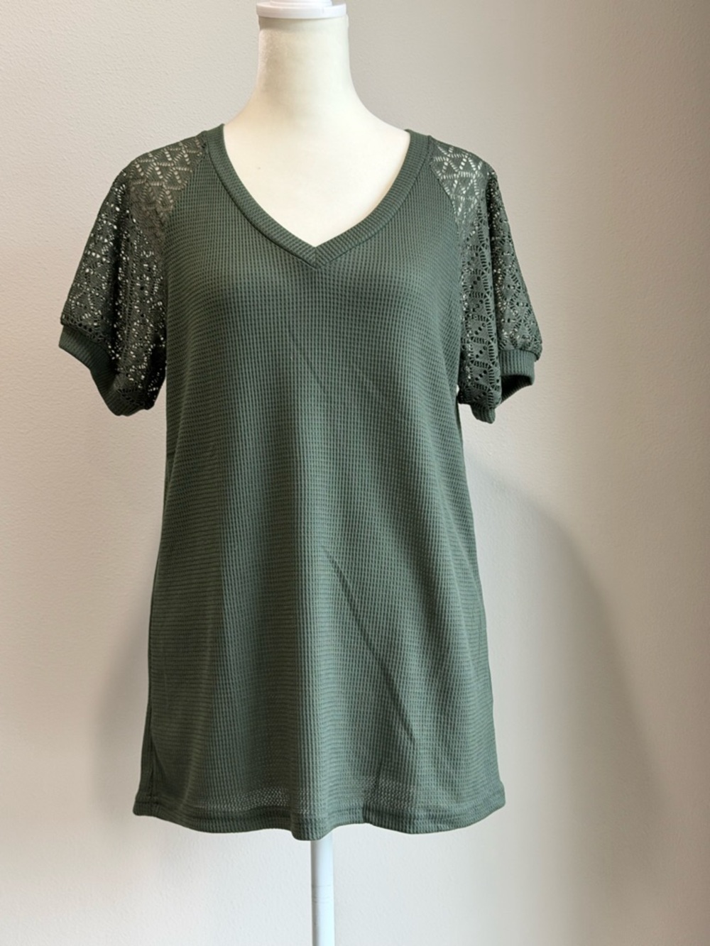 V-Neck Olive Green Short Sleeve Tee with Lace Sleeves